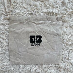 Ganni 11.5”x11” beige dust bag drawstrings ties has stains cotton